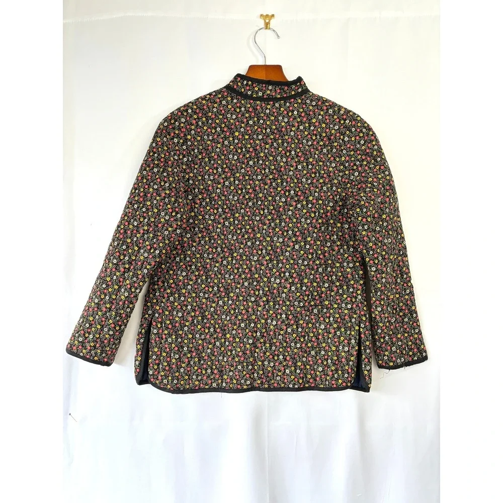 VTG 70s  Imperial Quilted Floral Chore Jacket Rayon Toggle Mandarin Collar M